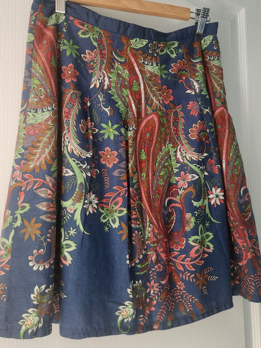 Navy Paisley A-Line Skirt with Red & Green Floral Pattern